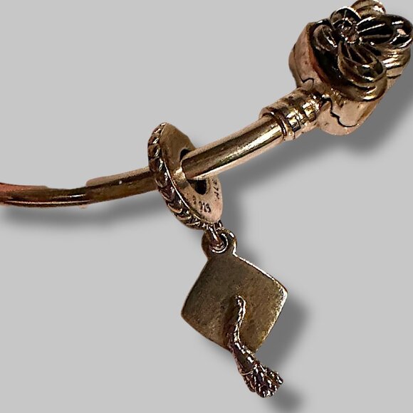 Pandora Heart Charm Sterling Silver Bangle Bracelet, w/Graduation Cap Charm, Wit - Picture 13 of 16